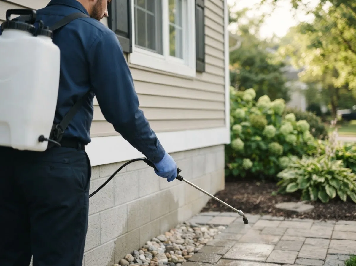 Pest control technician inspecting a home in Columbus Grove, OH